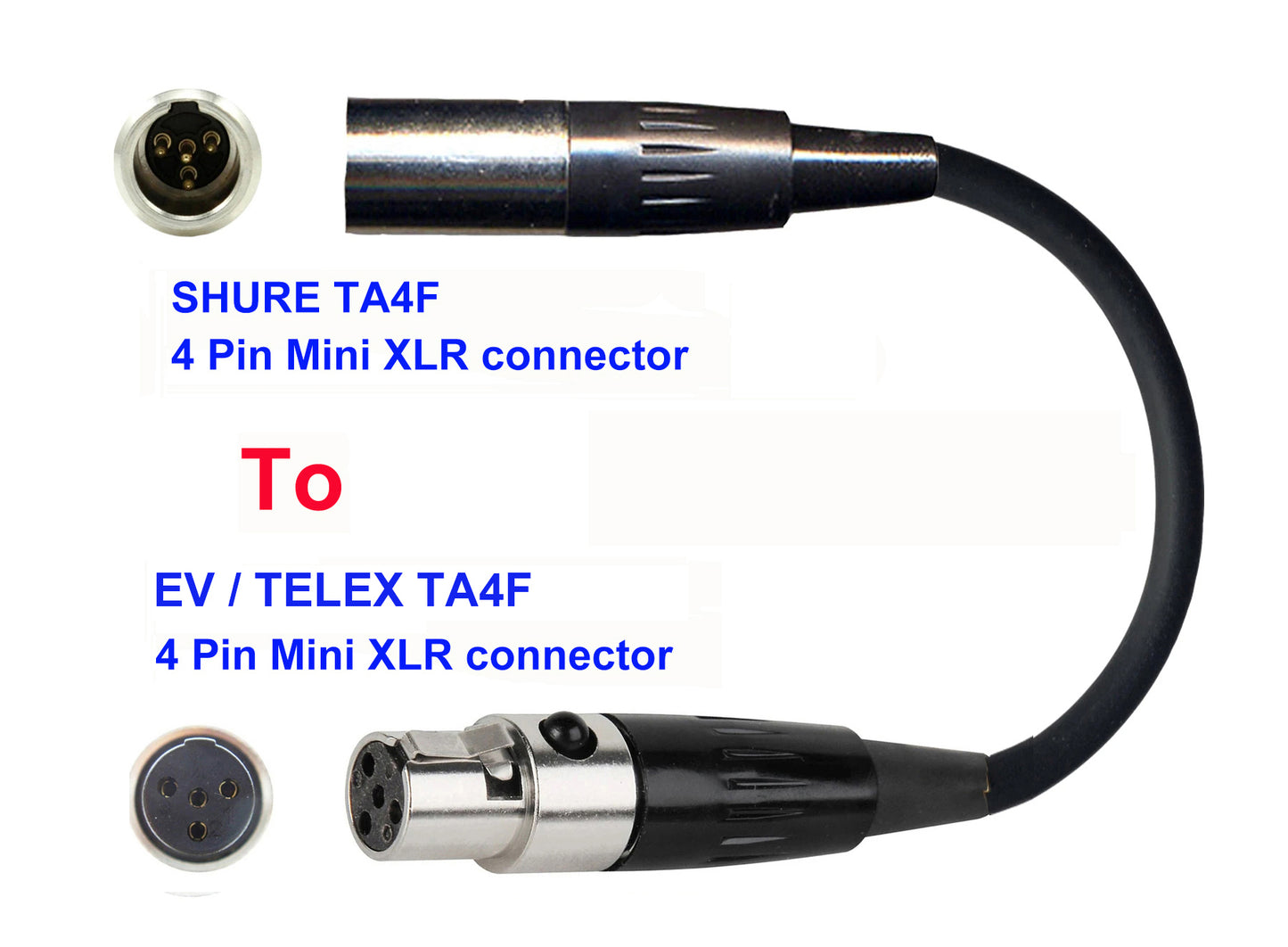 Microphone Adapter - Shure Microphones with TA4F 4 pin mini XLR connector TO EV / Telex Transmitters with 4 pin TA4M connector
