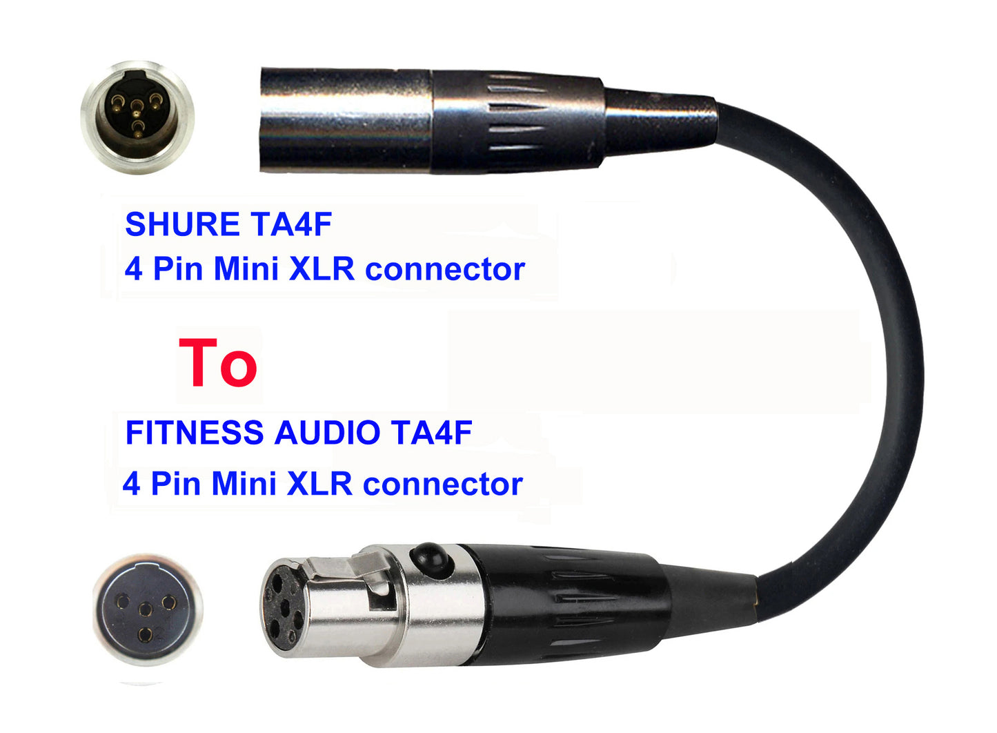 Microphone Adapter - Shure Microphones with TA4F 4 pin mini XLR connector TO Fitness Audio Transmitters with 4 pin TA4M connector