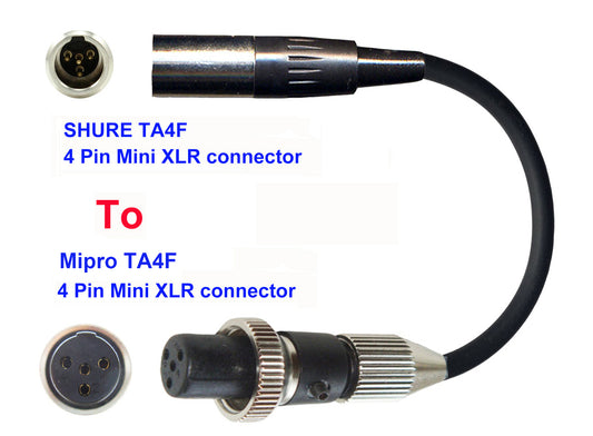 Microphone Adapter - Shure Microphones with TA4F 4 pin mini XLR connector TO Mipro Transmitters with 4 Pin TA4M Locking connector