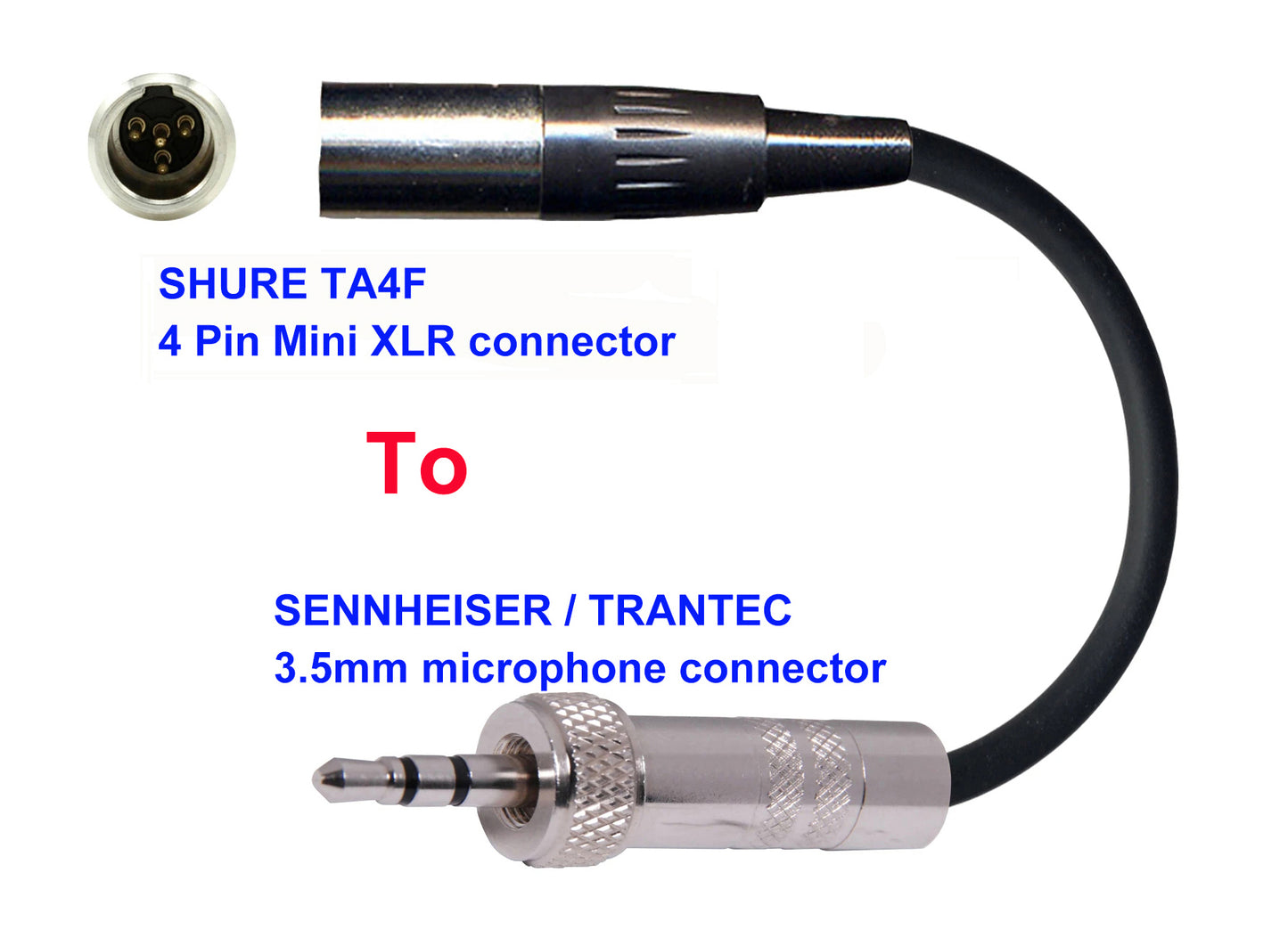 Microphone Adapter - Shure Microphones with TA4F 4 pin mini XLR connector TO Sennheiser / Trantec Transmitters with 3.5mm Locking connector